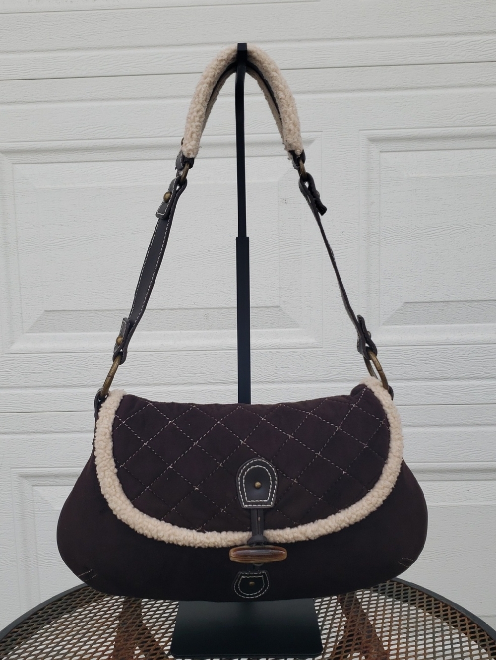 Old Navy Faux Leather Suede Sherpa Quilted Toggle Hobo Bag Y2K Brown Coquette
